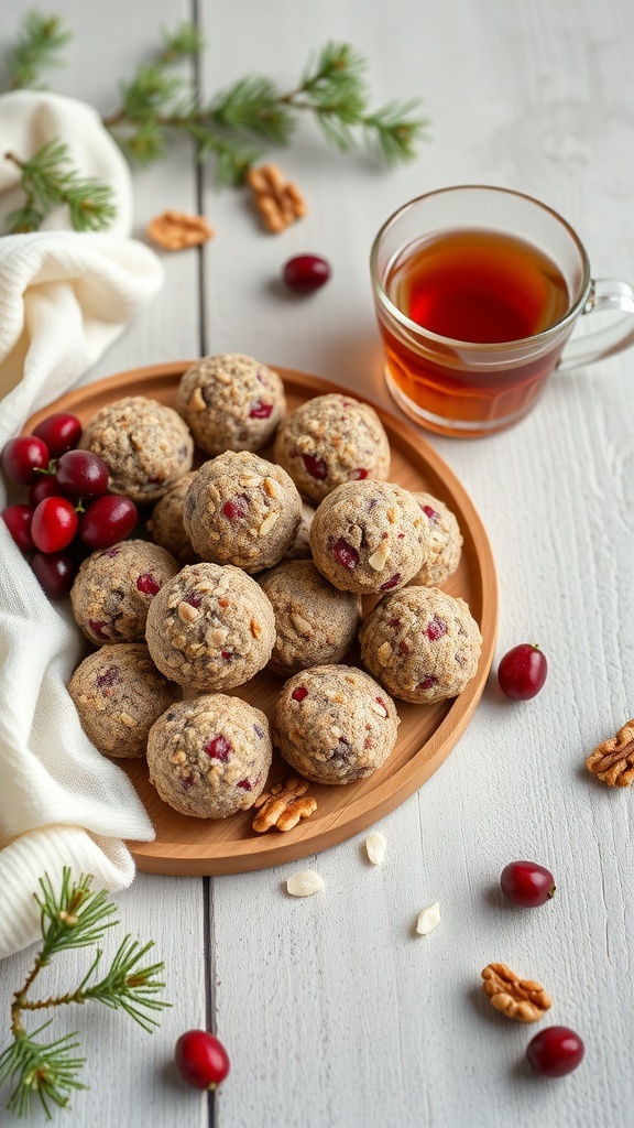 A plate of cranberry walnut energy bites with fresh cranberries and a cup of tea