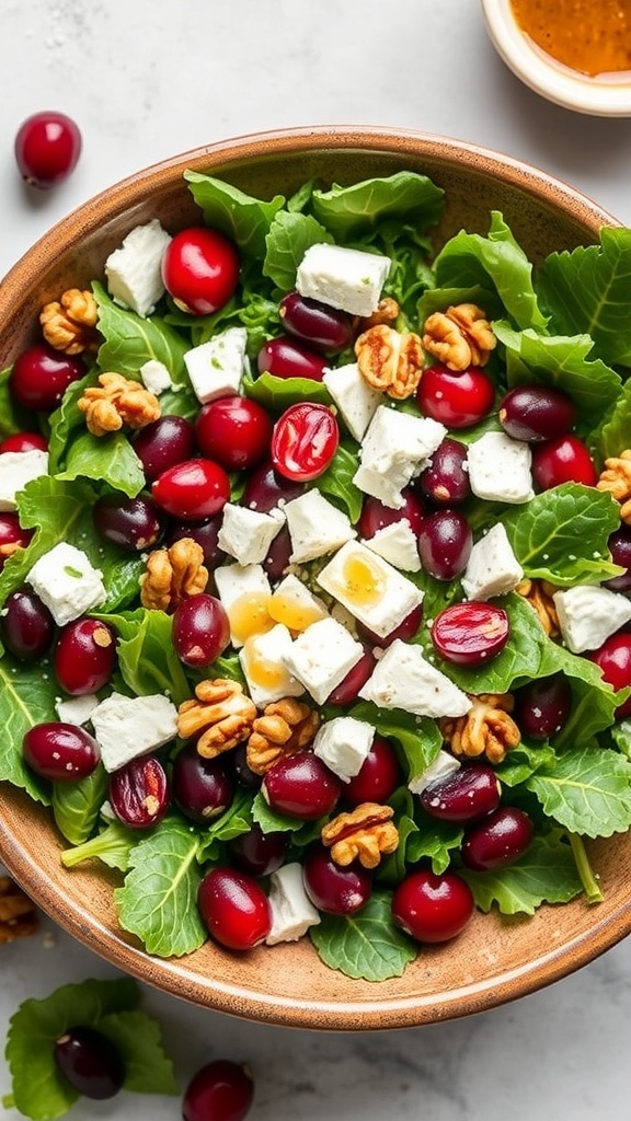 A bowl of cranberry walnut salad with greens, cranberries, walnuts, and feta cheese.