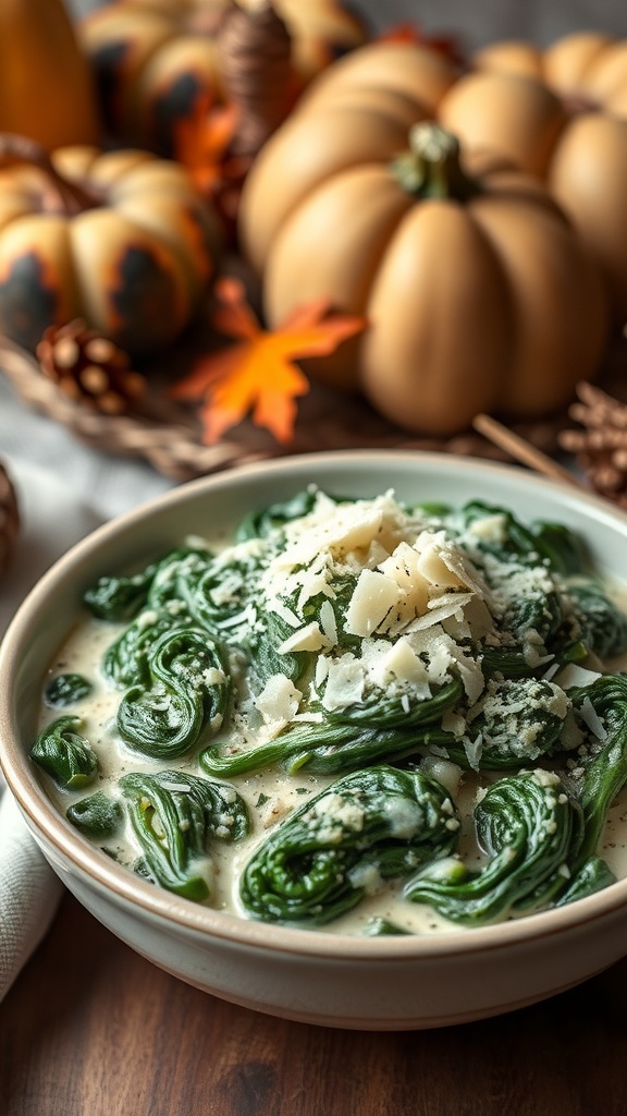 A bowl of creamed spinach topped with Parmesan cheese, surrounded by decorative pumpkins and autumn leaves.