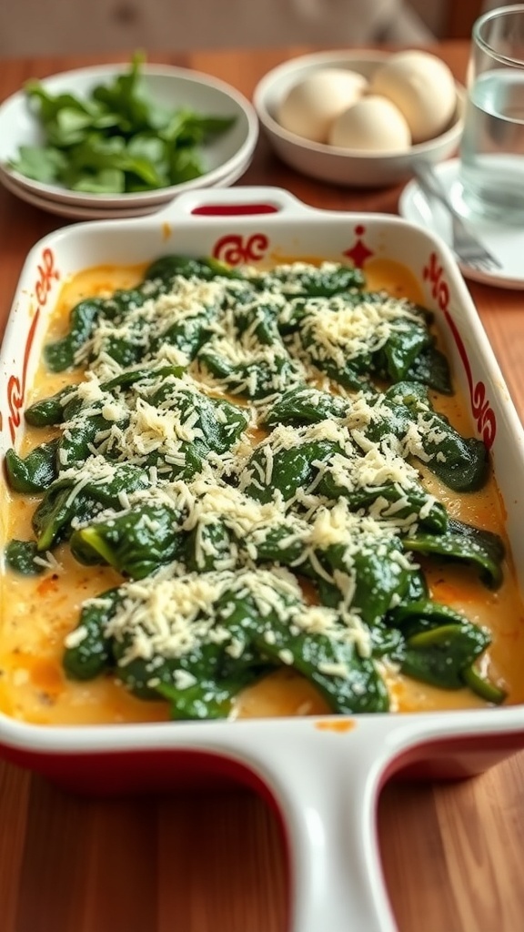 A casserole dish filled with creamed spinach topped with melted Parmesan cheese.