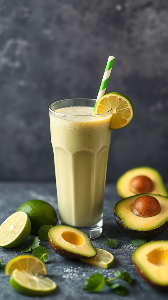 A creamy avocado lime smoothie in a tall glass, garnished with a lime slice and surrounded by fresh avocados and limes.