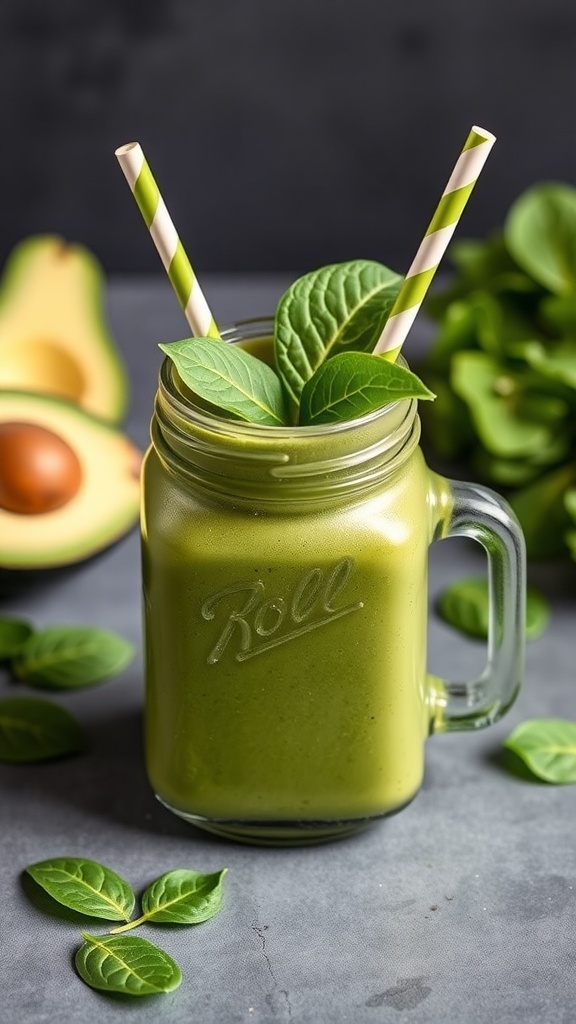 A creamy avocado spinach smoothie in a glass jar with two straws.