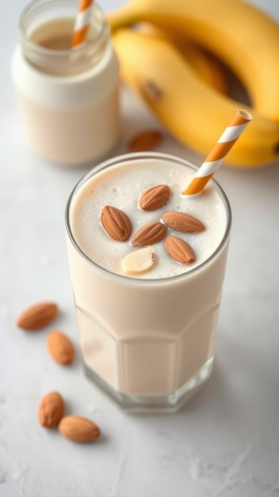 A creamy banana almond smoothie in a glass with almonds on top and bananas in the background.