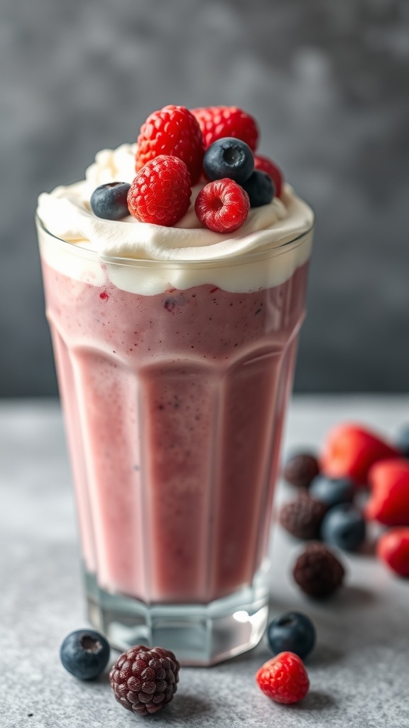 A creamy berry smoothie topped with fresh raspberries and blueberries in a glass.