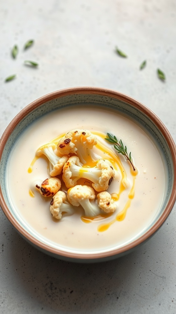 A bowl of creamy cauliflower soup topped with roasted cauliflower and a drizzle of olive oil.
