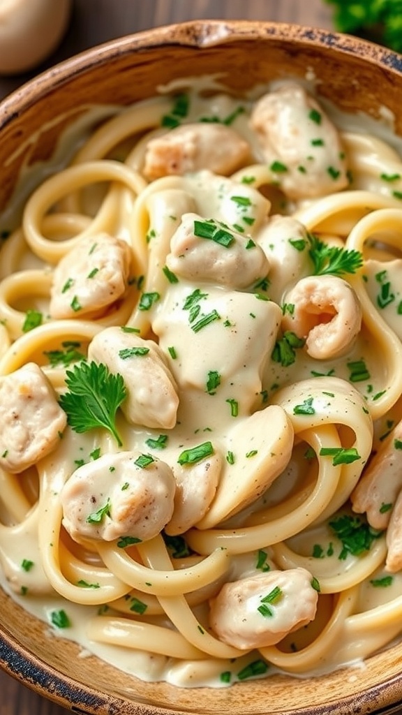 A bowl of creamy Chicken Alfredo pasta with pieces of chicken and parsley on top.