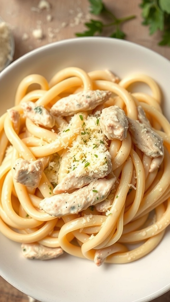 A bowl of creamy chicken alfredo pasta with chicken pieces and grated cheese on top.