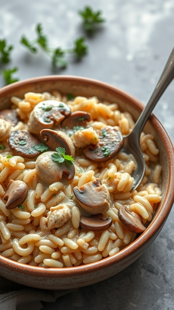 A bowl of creamy chicken and mushroom risotto topped with mushrooms and parsley.