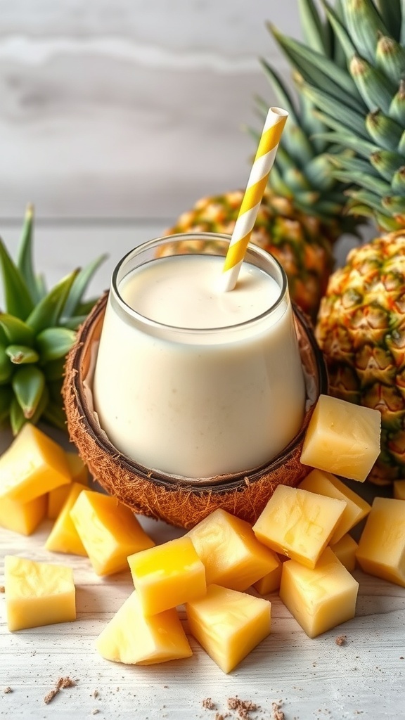 A creamy coconut pineapple smoothie in a coconut shell with fresh pineapple chunks.