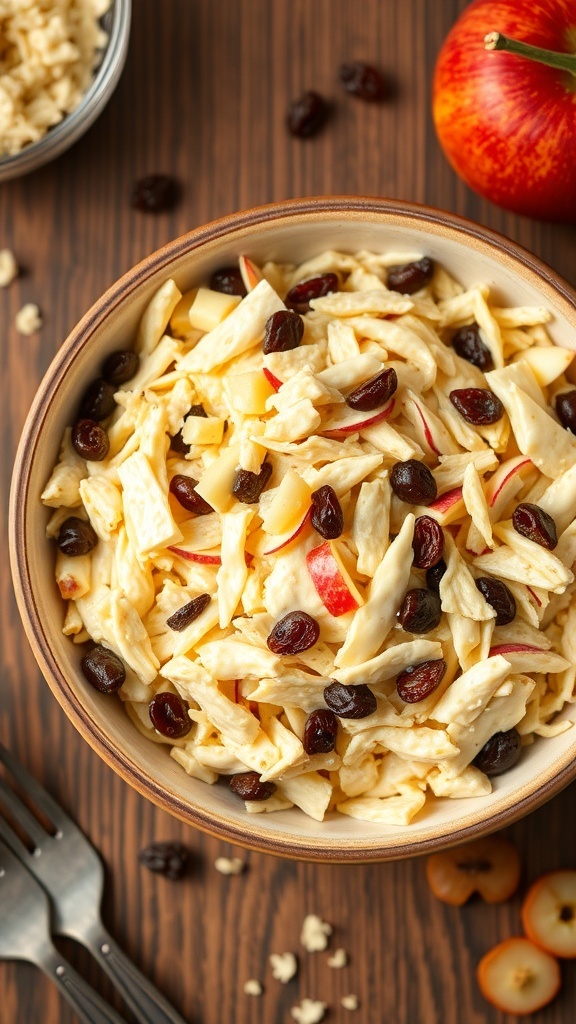 A bowl of creamy coleslaw with apples, raisins, and shredded cabbage on a wooden table.