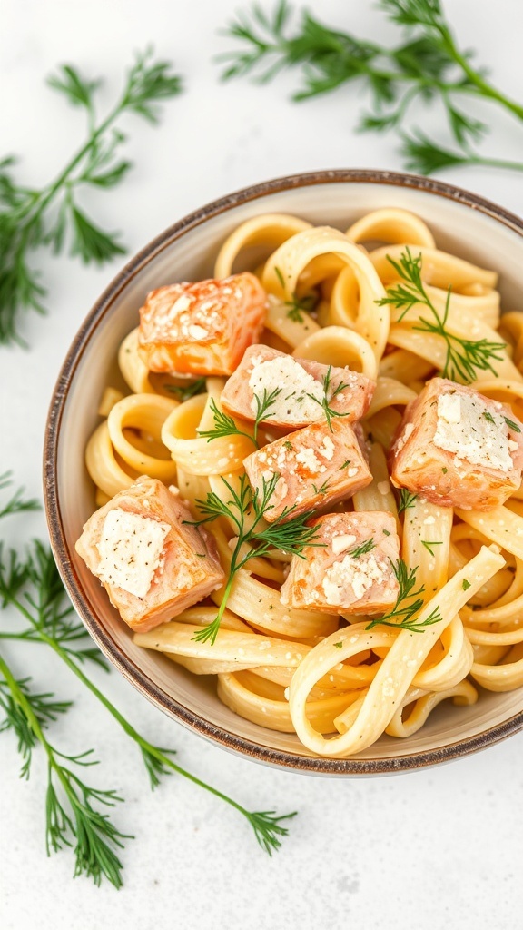A bowl of creamy dill salmon pasta garnished with fresh dill.