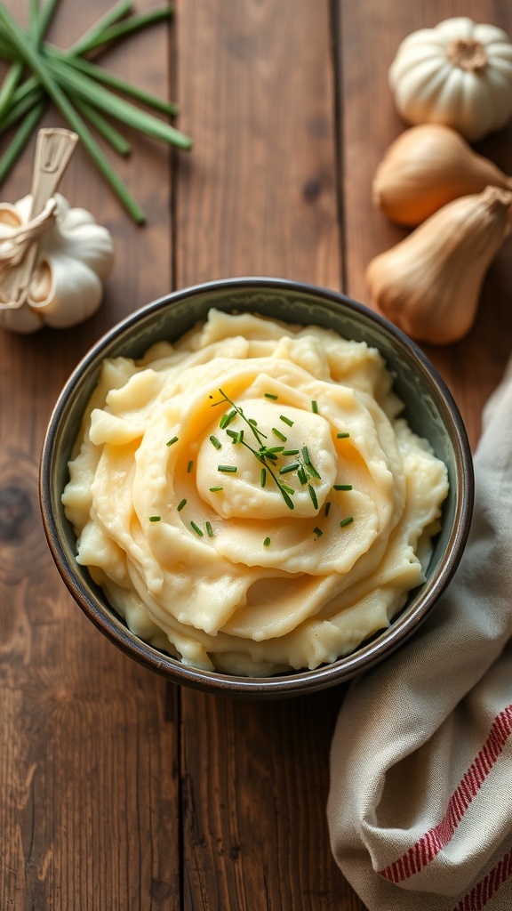 A bowl of creamy garlic mashed potatoes topped with chives, surrounded by garlic cloves and shallots on a wooden table.