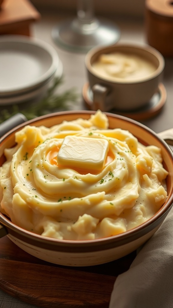 A bowl of creamy garlic mashed potatoes topped with a pat of butter and garnished with parsley.