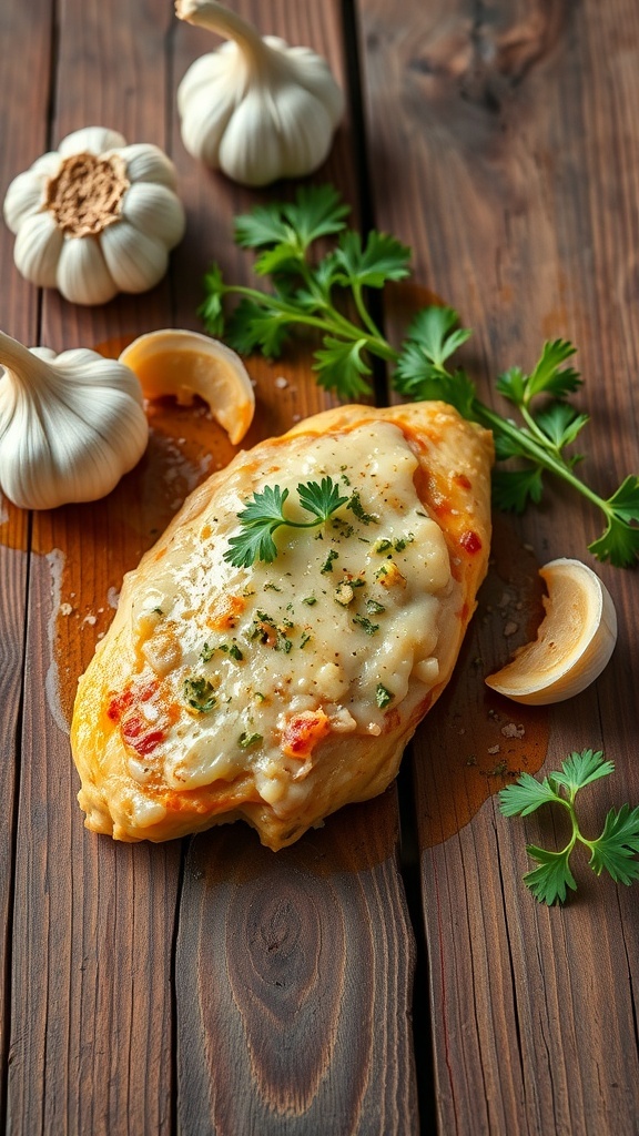 Creamy garlic parmesan chicken breast with garlic cloves and parsley on a wooden table.