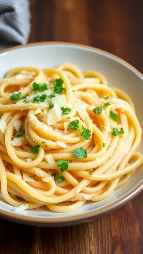 A bowl of creamy garlic parmesan pasta topped with parsley and grated cheese.