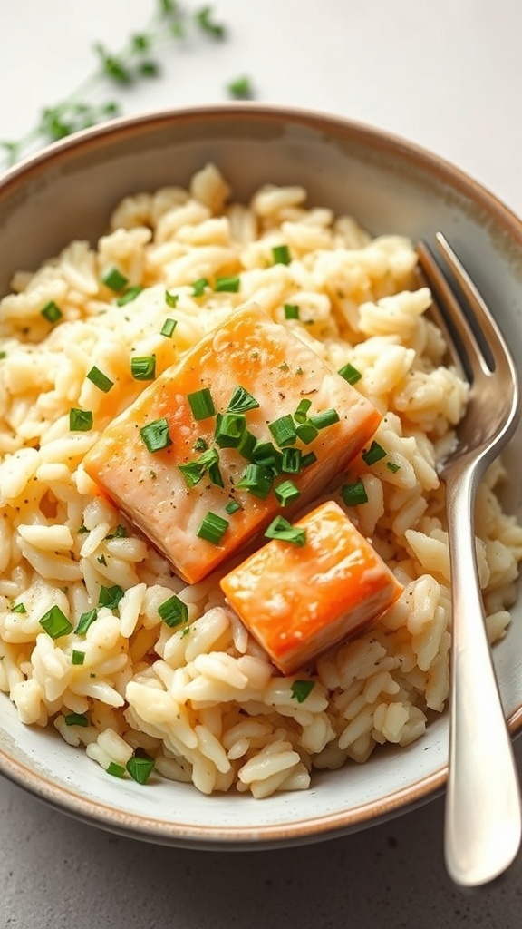 A bowl of creamy garlic salmon risotto topped with fresh herbs.
