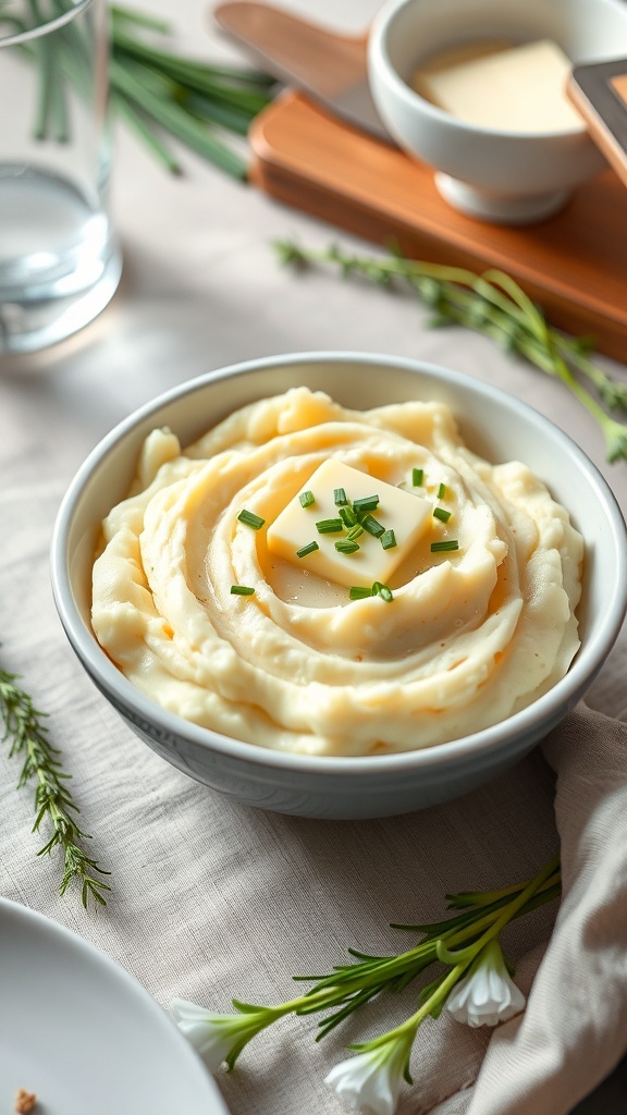 A bowl of creamy mashed potatoes with garlic, topped with butter and chives.