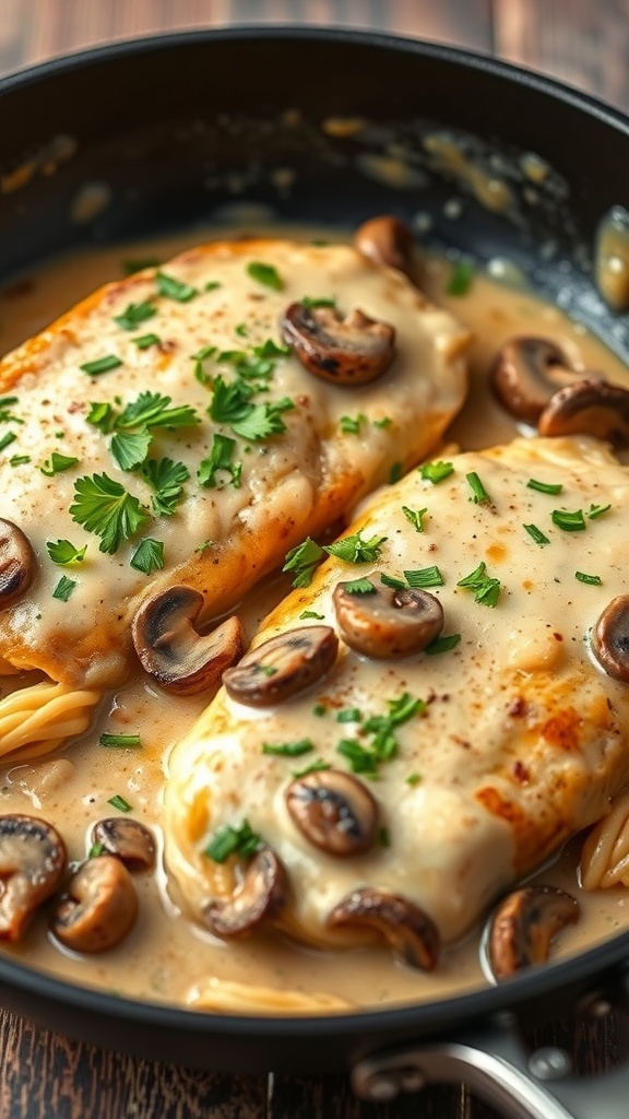 Creamy mushroom chicken with parsley and sliced mushrooms in a pan