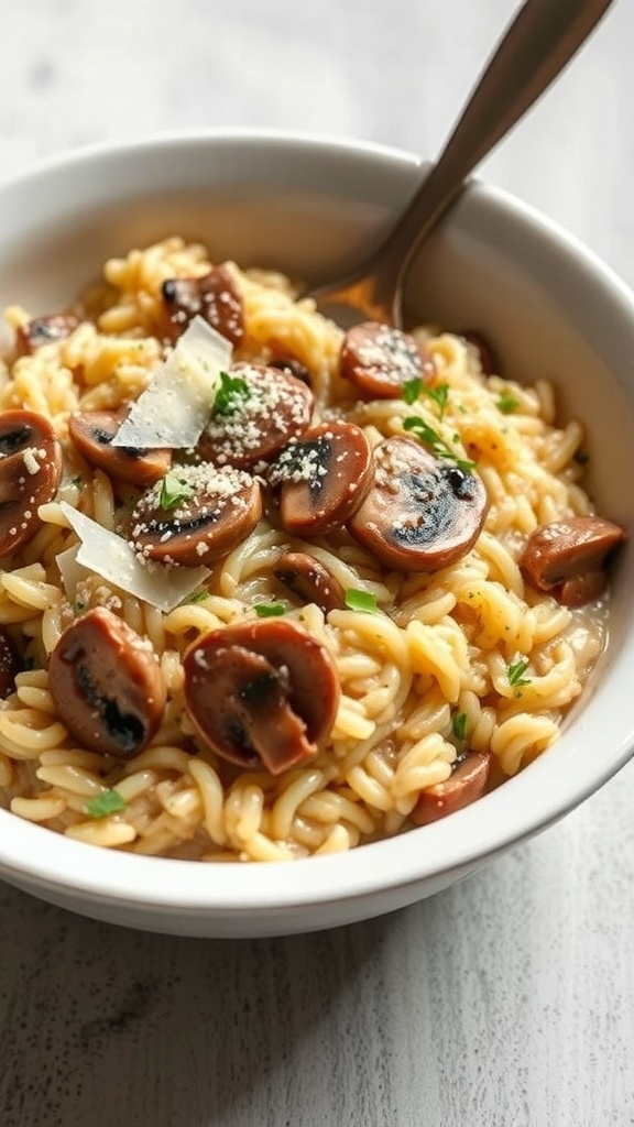 A bowl of creamy mushroom risotto with sliced mushrooms on top and a sprig of herbs