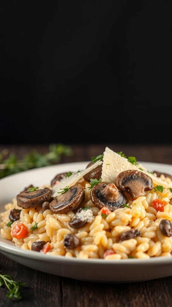 A plate of creamy mushroom risotto topped with mushrooms and cheese