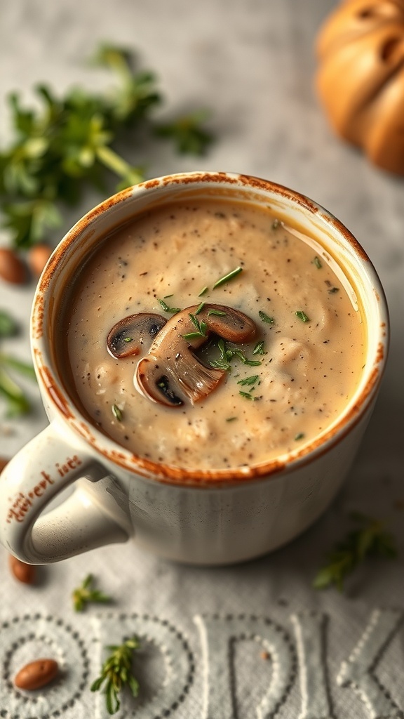 A mug of creamy mushroom soup topped with mushroom slices and herbs, surrounded by fresh ingredients.