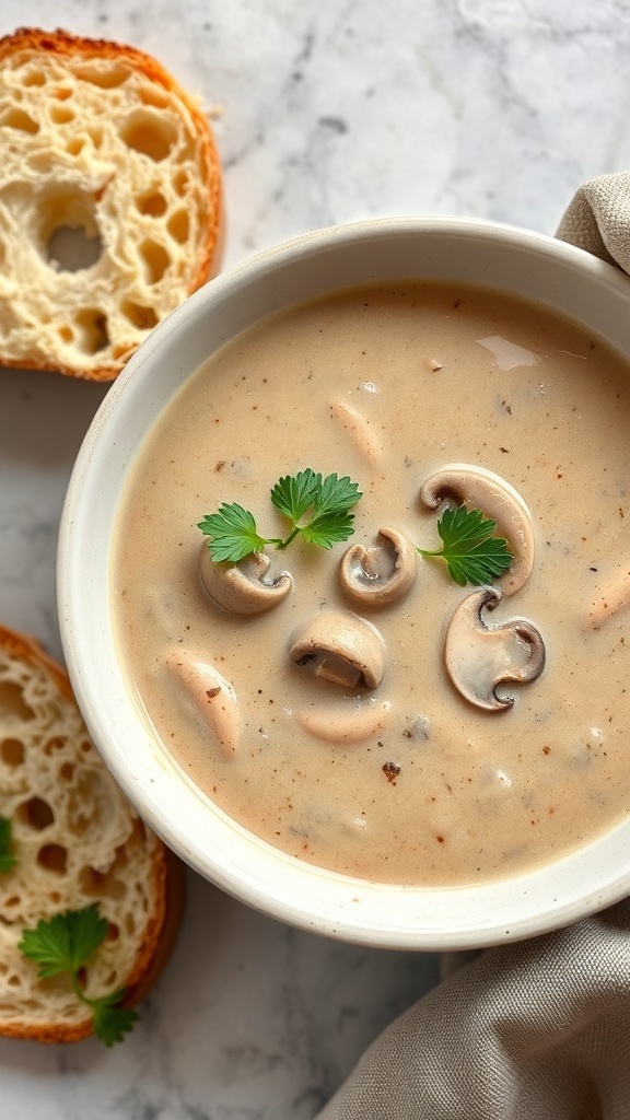 A bowl of creamy mushroom soup with fresh herbs and slices of bread on the side.