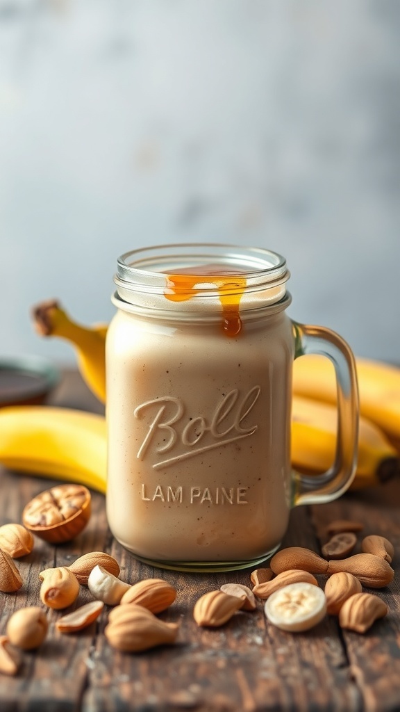 A creamy peanut butter banana smoothie in a mason jar with honey drizzle, surrounded by bananas and nuts.