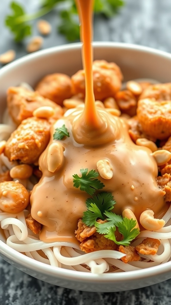 A bowl of Bang Bang Chicken with creamy peanut sauce being drizzled over it