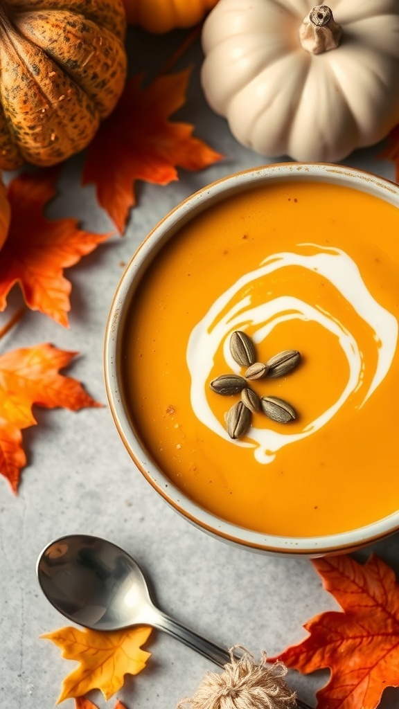 A bowl of creamy pumpkin soup garnished with cream and pumpkin seeds, surrounded by autumn leaves and pumpkins.