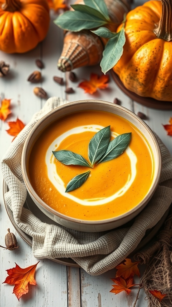 A bowl of creamy pumpkin soup garnished with sage leaves, surrounded by pumpkins and autumn leaves.