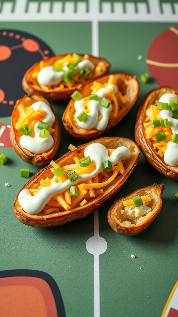 Crispy potato skins topped with cheese, ranch dressing, and green onions on a football-themed table.