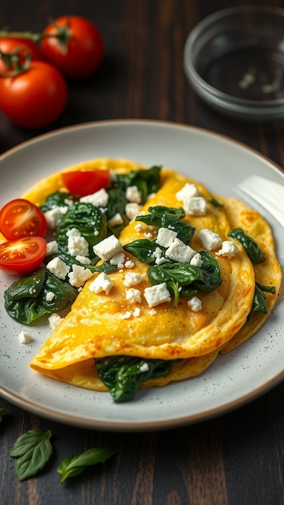 A creamy spinach and feta omelette served with cherry tomatoes on a plate.