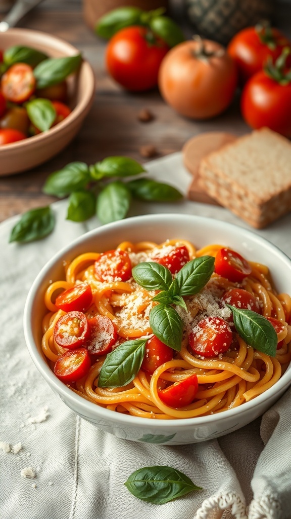 A bowl of creamy tomato basil pasta topped with cherry tomatoes and fresh basil leaves, with tomatoes and a plate of bread in the background.