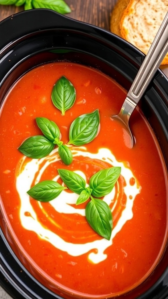 A bowl of creamy tomato basil soup in a crock pot, garnished with fresh basil leaves.