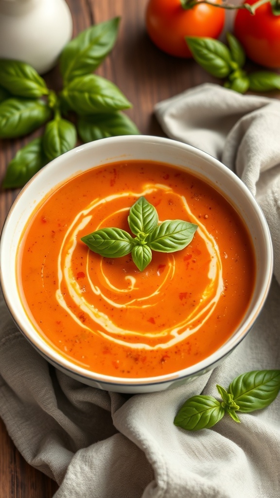 A bowl of creamy tomato basil soup garnished with fresh basil leaves, surrounded by tomatoes and a cloth napkin.