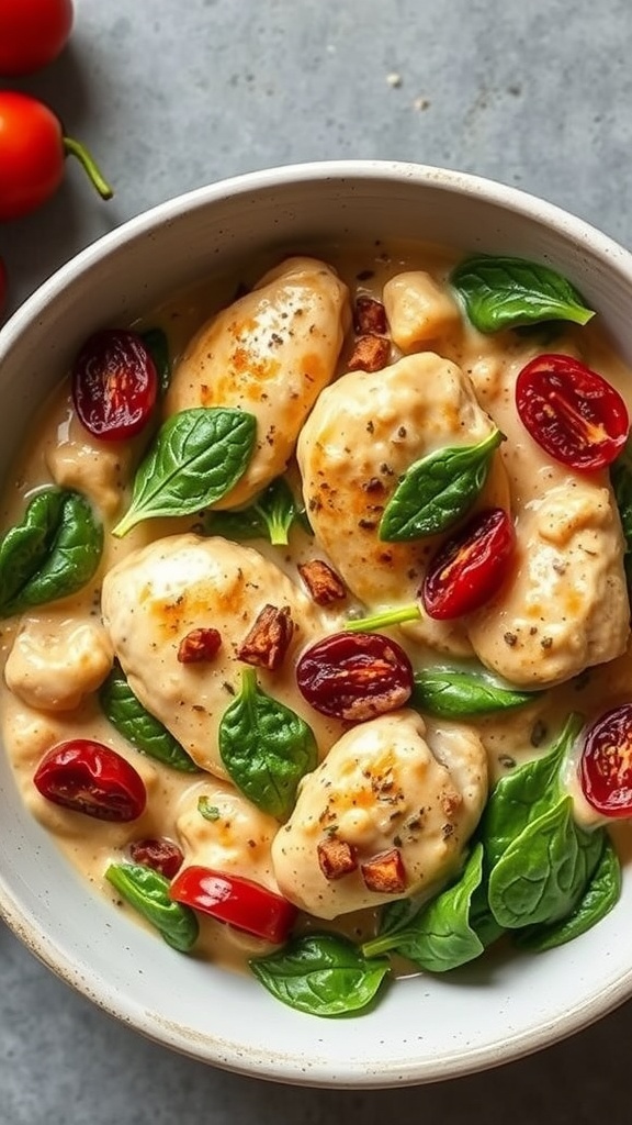 A bowl of creamy Tuscan chicken with spinach and cherry tomatoes
