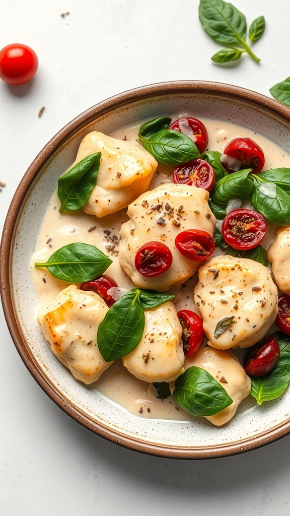 A bowl of creamy Tuscan chicken with spinach and cherry tomatoes