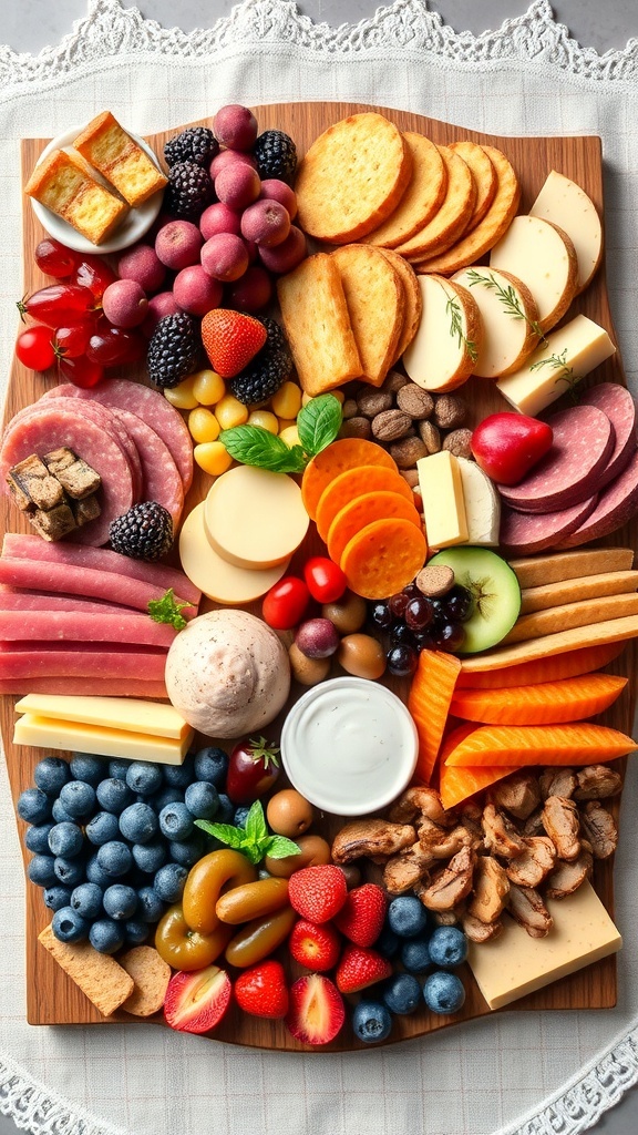 A beautifully arranged Christmas charcuterie board with meats, cheeses, fruits, and crackers.