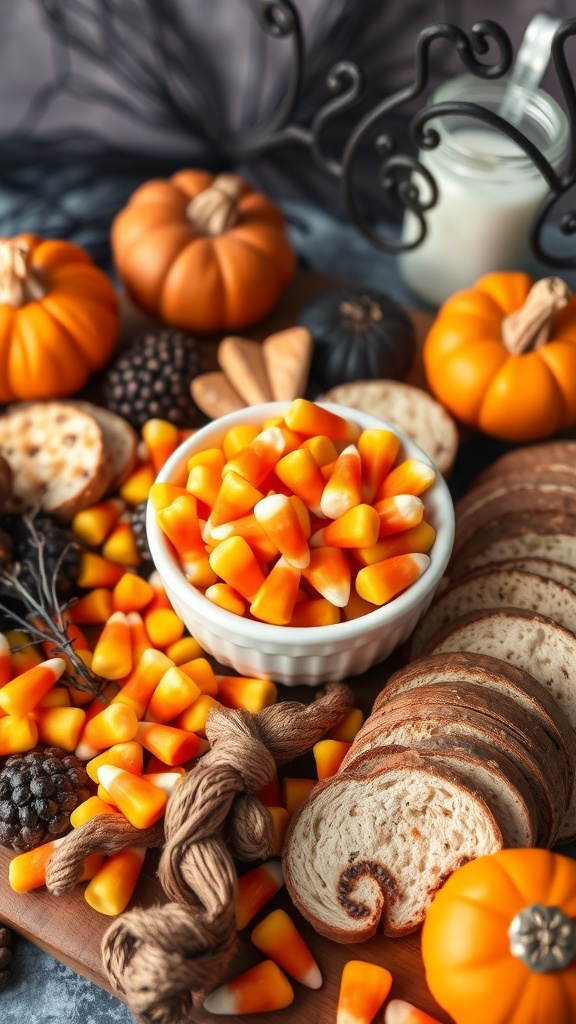 A Halloween charcuterie board featuring a bowl of candy corn, mini pumpkins, cookies, and decorative elements.