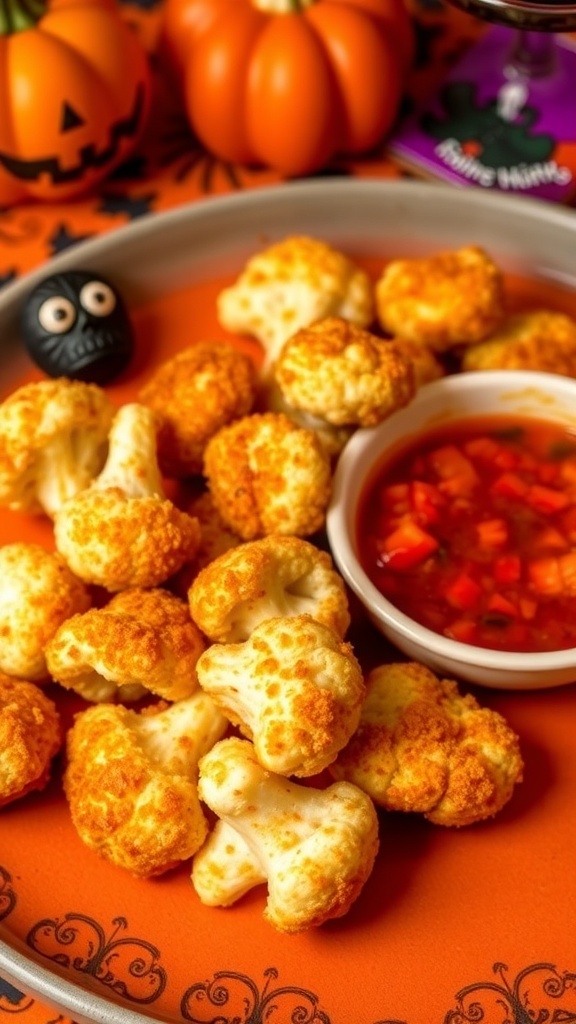 A plate of roasted cauliflower bites with a dipping sauce, decorated for Halloween with pumpkins and a spider.