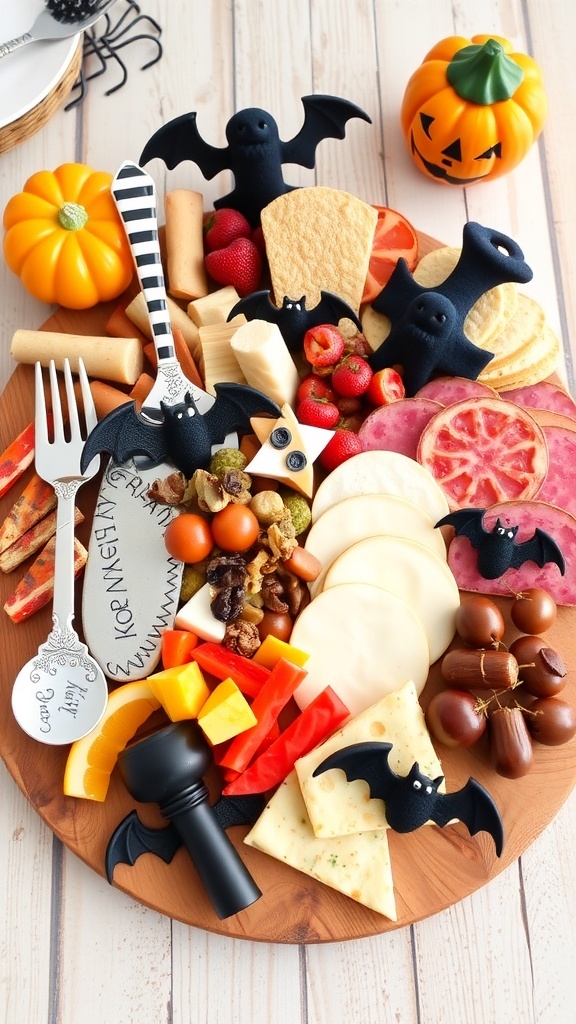 A Halloween-themed charcuterie board with spooky accessories, featuring fruits, cheeses, and Halloween decorations.