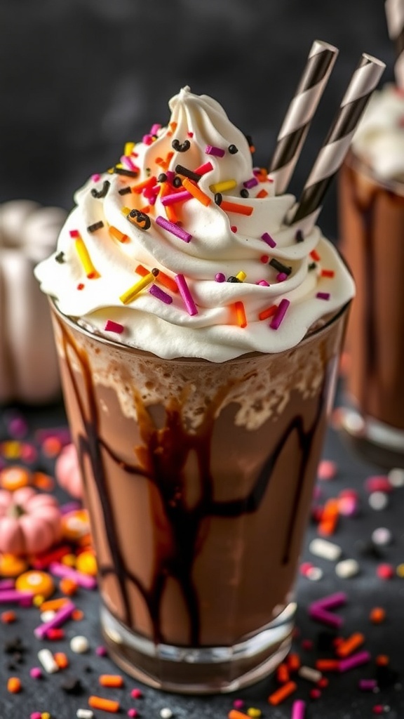 A creepy chocolate milkshake topped with whipped cream and colorful sprinkles, with Halloween-themed decorations.
