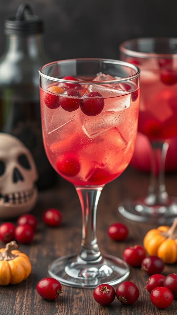 A glass of Creepy Cranberry Splash mocktail with ice and cranberries, featuring the text 'Hallowerry Ransten' in spooky font.