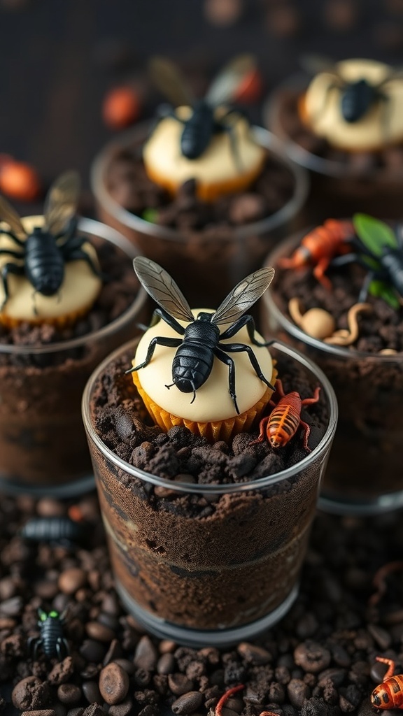 Creepy crawling cupcakes in dirt cups with candy decorations