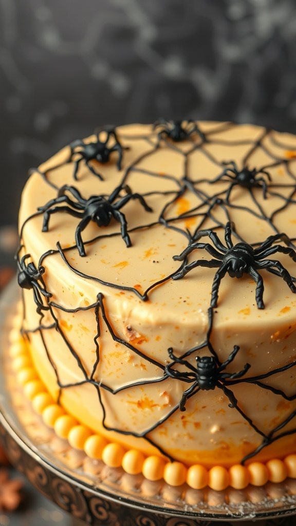 A spooky cake decorated with black spiders and a message that reads 'HOPY LAKE'.