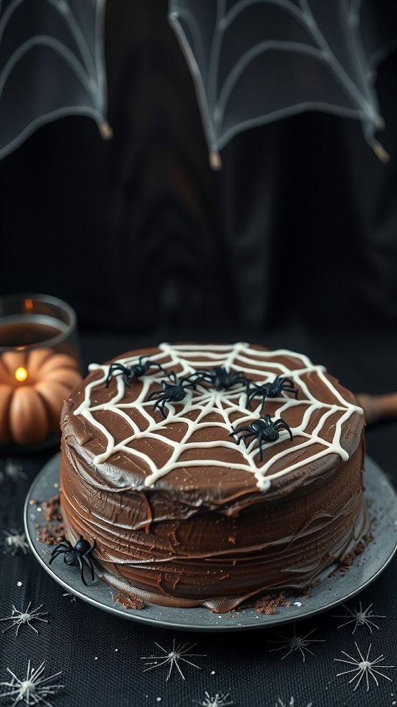 A chocolate cake decorated with white icing in a spider web pattern and plastic spiders on top.
