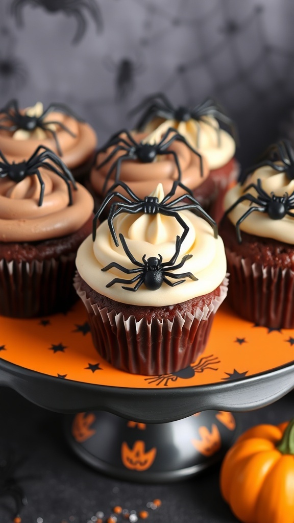 A display of creepy crawly cupcakes topped with chocolate frosting and black spider decorations, set against a Halloween-themed background.