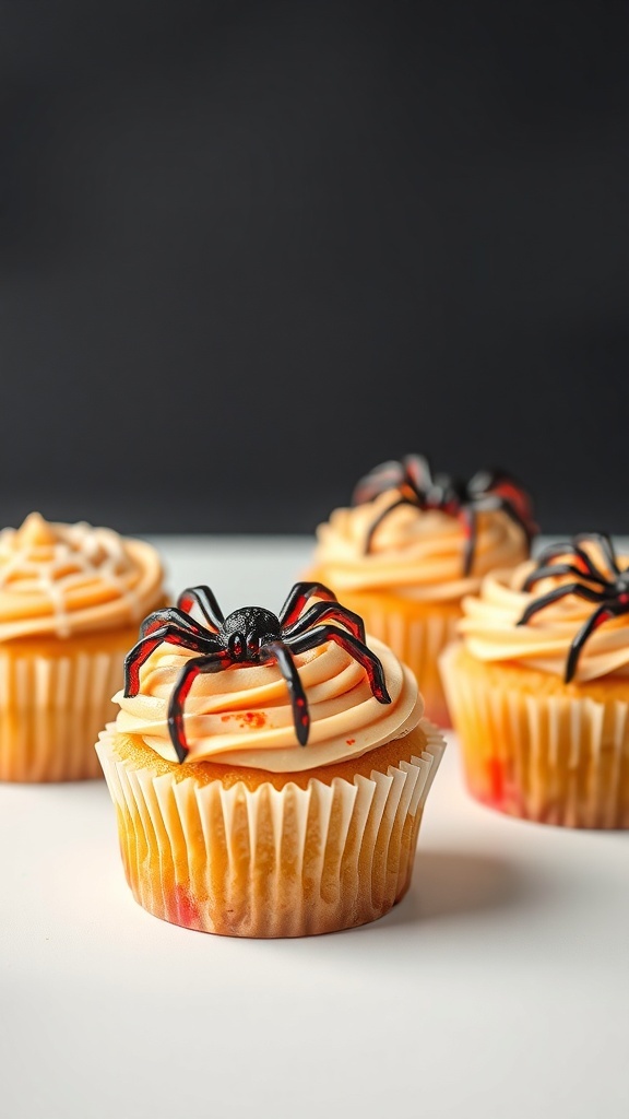 Creepy Crawly Cupcakes topped with spider decorations