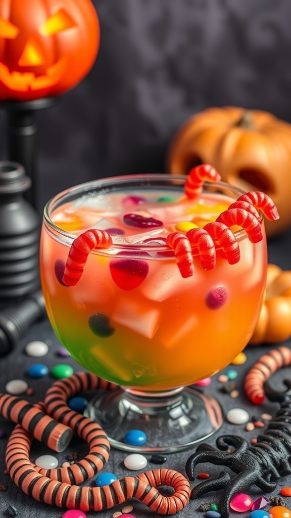 A colorful Halloween punch with gummy worms and candies, surrounded by Halloween decorations.