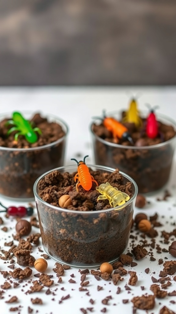 Creepy crawly insect cups with chocolate dirt and colorful plastic bugs